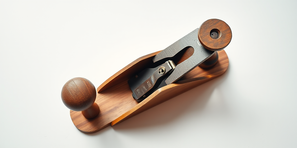 a high-resolution image of a wooden hand plane on a white surface, taken with a DSLR camera using a 50mm lens, f/2.8 aperture, 1/100s shutter speed, in natural light with a shallow depth of field for enhanced focus on the tool, top-down view