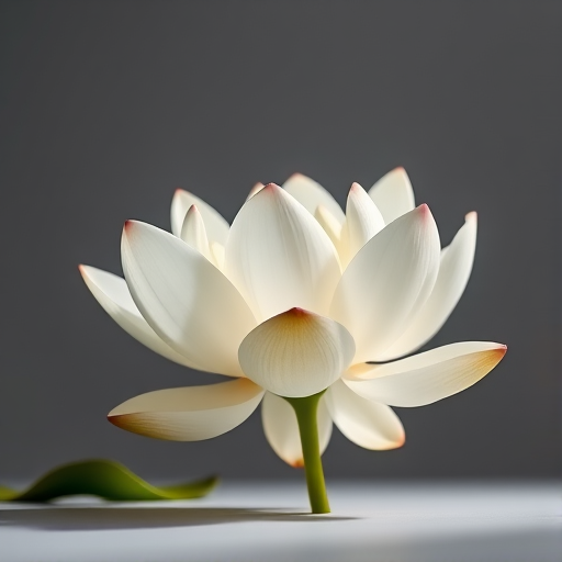 Create a high-resolution image of a white lotus flower with soft lighting, captured from a low angle to enhance depth, using a DSLR camera with a 50mm f/1.8 lens, aperture set to f/2.8, shutter speed at 1/200 sec, ISO 100, against a neutral gray background.