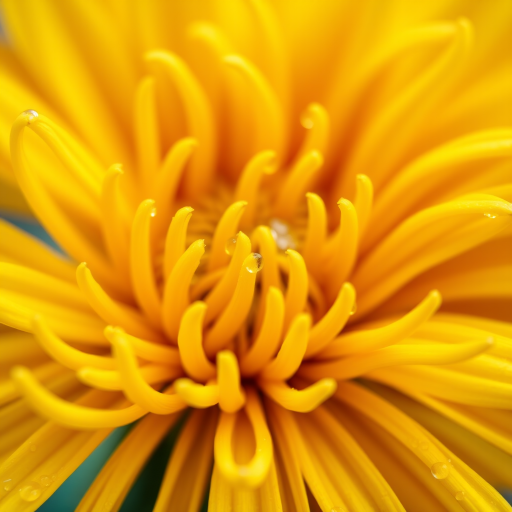 Close-up of a yellow chrysanthemum flower with delicate, elongated petals, droplets of water on the petals, blurred colorful background, taken with a Canon EOS 5D Mark IV, 105mm lens, aperture f/2.8, ISO 100, 1/200 sec, natural lighting.