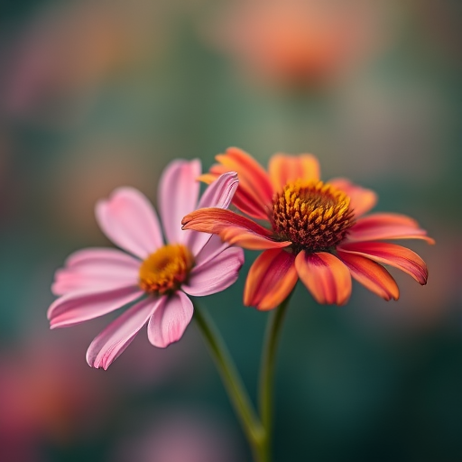 soft focus photography of two pink and orange flowers with blurred pastel background, aperture f/2.8, shutter speed 1/125s, ISO 100, macro lens, natural light