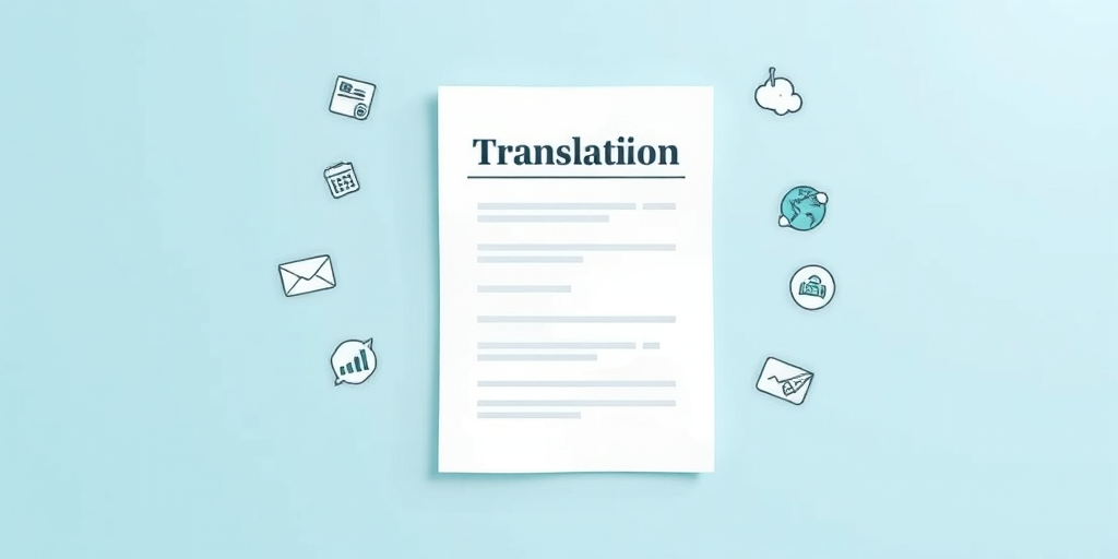 Generate an illustration of a document with translation icons, featuring a clean, minimalistic background in light blue, use a Canon EOS 5D Mark IV with a 50mm lens at f/1.8, aperture priority mode, and soft natural lighting to enhance image quality.