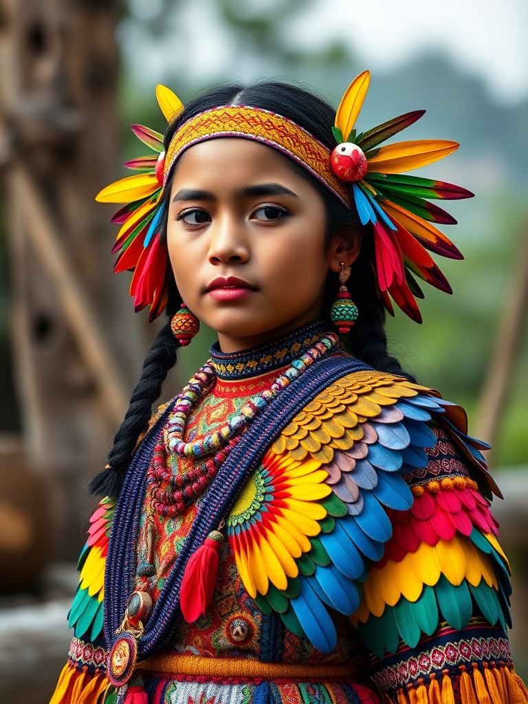 A beautiful Maya girl, wearing colorful bird clothing with vibrant colors