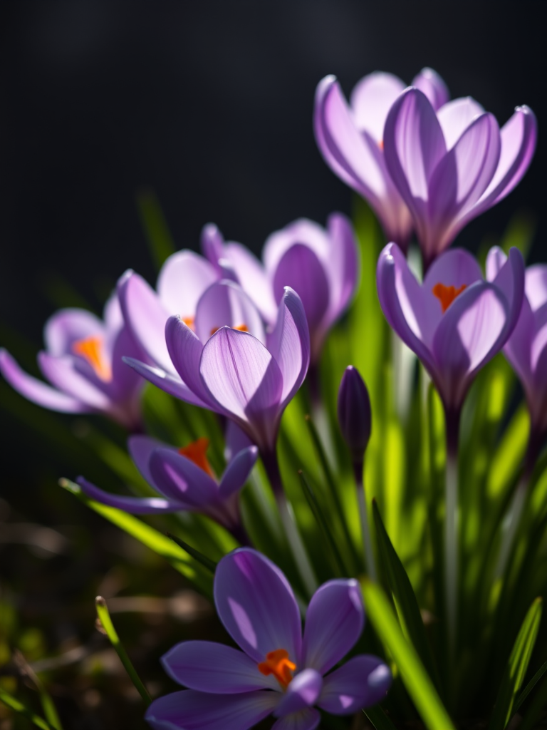 high-resolution image of purple crocuses in a dynamic arrangement, macro lens, f/2.8 aperture, ISO 100, backlit against a dark background, soft focus on surrounding greenery, taken with a DSLR camera