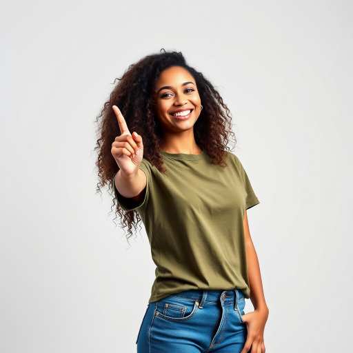 Create a portrait of a young woman with curly hair, wearing an olive green t-shirt and blue jeans, pointing upwards with a smile, captured in a well-lit studio setting, using a Canon EOS R5 with a 50mm lens, aperture set at f/1.8, ISO 100, and a softbox for even lighting.
