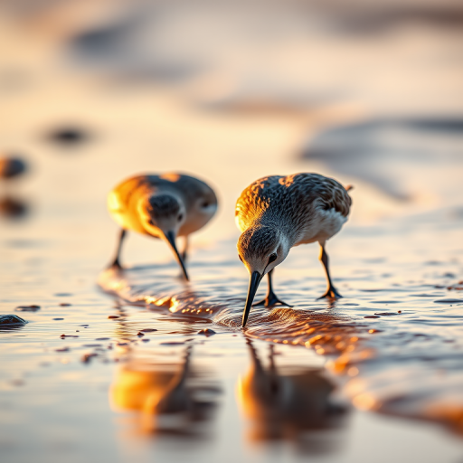 Close-up of two shorebirds foraging along the water's edge at a beach during golden hour, shallow depth of field, ISO 200, f/4, 1/500s, 70-200mm lens, DSLR camera, natural light, focus on the birds with blurred background.