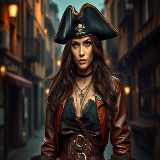 Create a portrait of a fierce female pirate. She wears a leather tricorn hat adorned with a skull and crossbones emblem, and her long, dark hair flows around her face. Her outfit consists of a richly detailed leather jacket, a corset, and multiple layers of belts and accessories, giving her a formidable and stylish appearance. She stands confidently in a dimly lit, historic port town, with a backdrop of weathered buildings and cobblestone streets, capturing the adventurous spirit of a pirate.