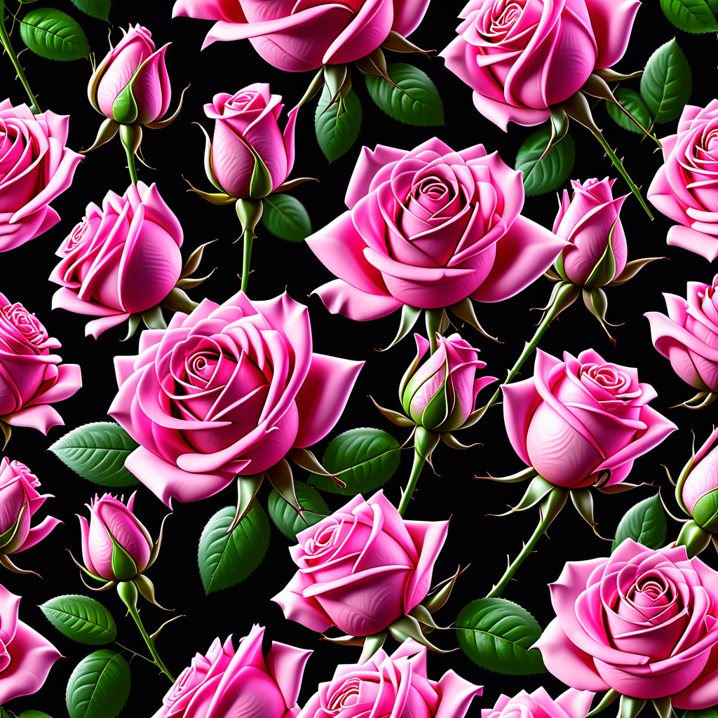 Vibrant Pink Roses in a Lush Floral Pattern Against a Dark Background