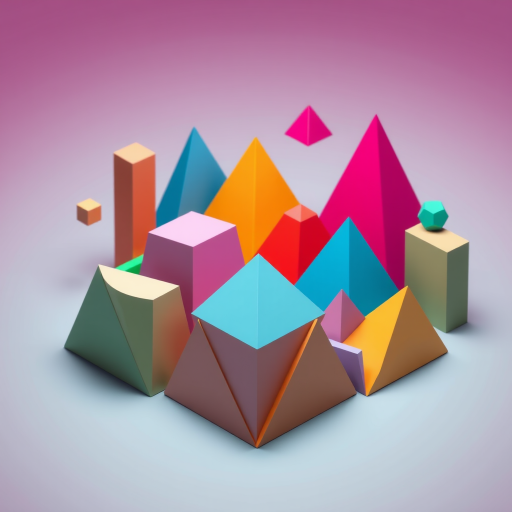 Create a 3D rendering of colorful geometric shapes including triangles and pyramids on a smooth gradient background, using a DSLR camera with a 50mm lens, f/8 aperture, ISO 100, and a slight tilt-shift effect for enhanced clarity and depth.
