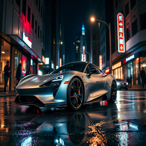 a sleek silver sports car on a wet urban street at night, neon lights reflecting on the pavement, low angle shot, f/1.8 aperture, ISO 200, 1/60 sec shutter speed, using a DSLR camera with a 35mm lens, high dynamic range imaging for enhanced detail and color accuracy