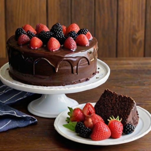 Create an image of a rich chocolate cake topped with an assortment of fresh berries, including strawberries, raspberries, and blackberries. The cake should have a glossy chocolate ganache dripping down the sides, and the background should be simple and elegant, featuring a rustic wooden table and a bowl of berries. Include a striped cloth nearby for added texture.