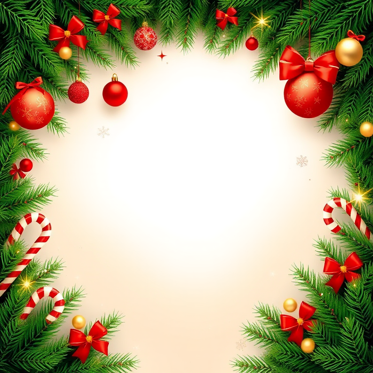 Create an image of a festive holiday background with a lush green pine border adorned with red and gold ornaments candy canes and ribbons at the top while the center features a soft glowing light effect with sparkling stars and a light beige backdrop for a warm and cheerful atmosphere.