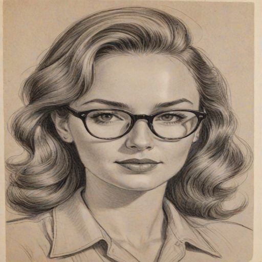Enchanting Demi Burnett, pencil sketch, portrait of Resplendent woman 1943s in glasses, hair style beatnik, outline, clear lines, fine lines, 8k