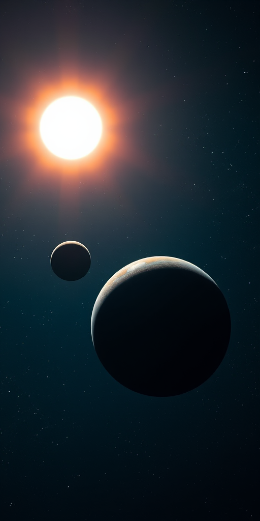Create a high-resolution image of a distant planet scene with a glowing sun in the background, featuring two planets in close proximity, deep space stars scattered throughout, using a DSLR camera type, 24mm lens at f/8 aperture, ISO 200, and a long exposure of 15 seconds to enhance color vibrancy and detail.