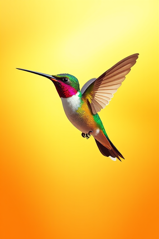 Create a vibrant illustration of a hummingbird in mid-flight with a gradient yellow-orange background, using a digital painting style, similar to a Canon EOS R5 with an aperture of f/4, ISO 100, and 50mm lens for sharp detail and vibrant colors.
