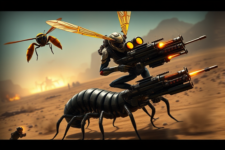 A close-up, intense action shot of a wasp commando mid-flight, holding a high-tech crossbow that fires explosive bolts. Below, a centipede commando slithers across the ground, its segmented body armored with futuristic plating and wielding multiple blaster rifles in each of its many limbs. The scene shows them working in tandem, battling a larger foe in the distance. The background is a futuristic wasteland, lit by the glow of distant battles, and the whole scene feels fast-paced and chaotic, with a blend of sci-fi and insect anatomy creating a unique, alien warfare aesthetic.