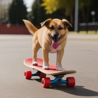 dog on a red skateboard