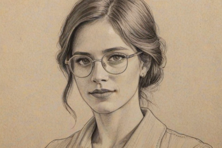 Comely Mercedes Mason, pencil sketch, portrait of Comely woman 1922s in glasses, hair style beatnik, outline, clear lines, fine lines, 8k