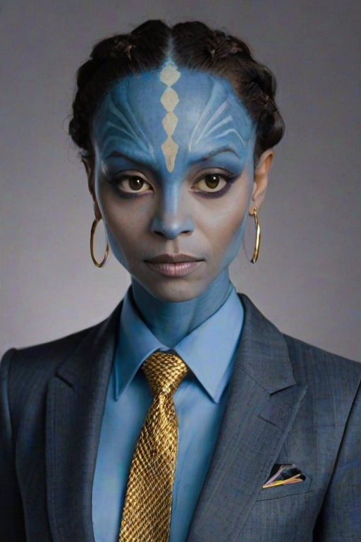 High quality passport photo of a woman Neytiri with blue skin wearing a suit and tie looking directly at the camera with her mouth closed and a neutral expression. She is also wearing a delicate gold chain and some understated diamond earrings