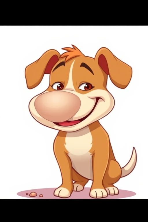 Generate a cartoon-style image of a dog with a large head and a mischievous grin, peeing, using a 50mm lens, f/2.8 aperture, ISO 100, natural lighting, and a wide-angle view to enhance the visual quality.