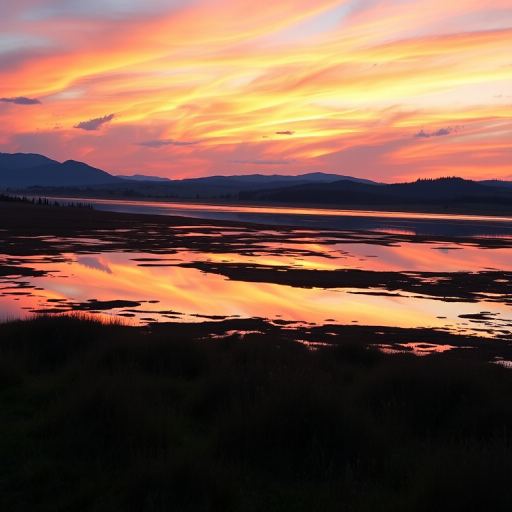 Create a high-resolution image of a serene landscape at sunrise, with vibrant colors in the sky and a calm lake reflecting the scenery, using a DSLR camera with a 24mm lens, at f/8 aperture, ISO 100, and a shutter speed of 1/125 second, shot from a slightly elevated viewpoint to capture depth and perspective.