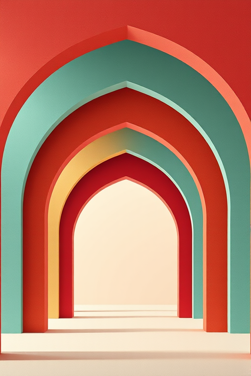 Create an abstract image featuring layered arches in shades of red, teal, and beige on a light background, using a DSLR camera with a 50mm lens, aperture set to f/8, ISO 100, and a soft focus style for enhanced depth and vibrancy.