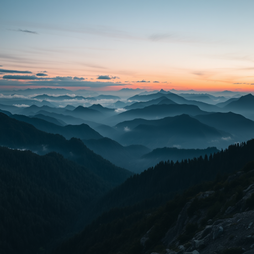 regenerate a serene mountain landscape with layered peaks fading into the distance, soft mist covering the valleys, twilight sky with subtle clouds, shot with a Canon EOS R5, 24mm lens, f/8 aperture, ISO 200, high dynamic range imaging, wide-angle view for depth and clarity