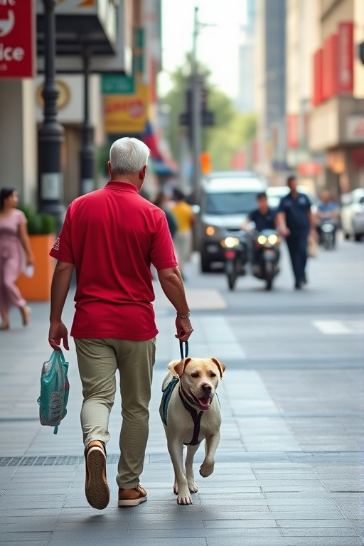 A man in a red shirt walking a dog on a busy street, photography, aperture f/2.8, shutter speed 1/500s, ISO 200, 50mm lens, shallow depth of field, daylight, candid style.