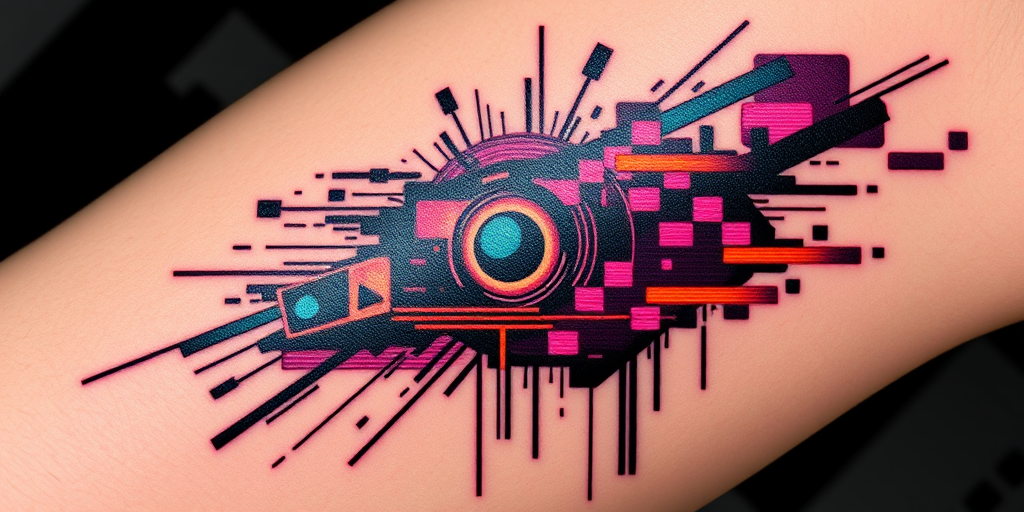 Glitch art tattoo style called "Digital Distortion" incorporating pixelated elements, static noise, and intentional visual glitches to create a unique, technology-inspired design, ideal for modern tattoo enthusiasts