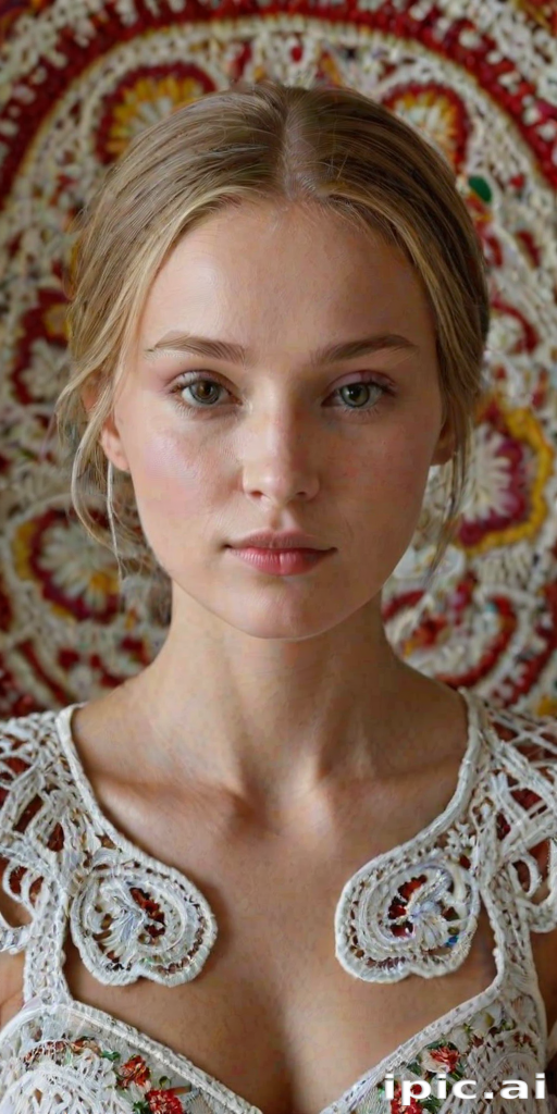 Face, shoulders, chest covered in openwork Ukrainian embroidery. Raw, unedited image.