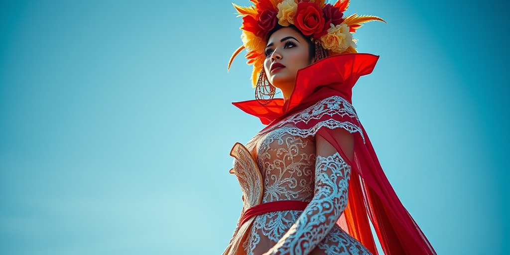 Create a high-resolution image of a model in an elaborate costume with intricate lace details, featuring a flowing red cape and a vibrant floral headpiece, captured with a DSLR camera at f/2.8 aperture, 50mm lens, ISO 100, shot from a low angle against a dramatic blue sky backdrop.