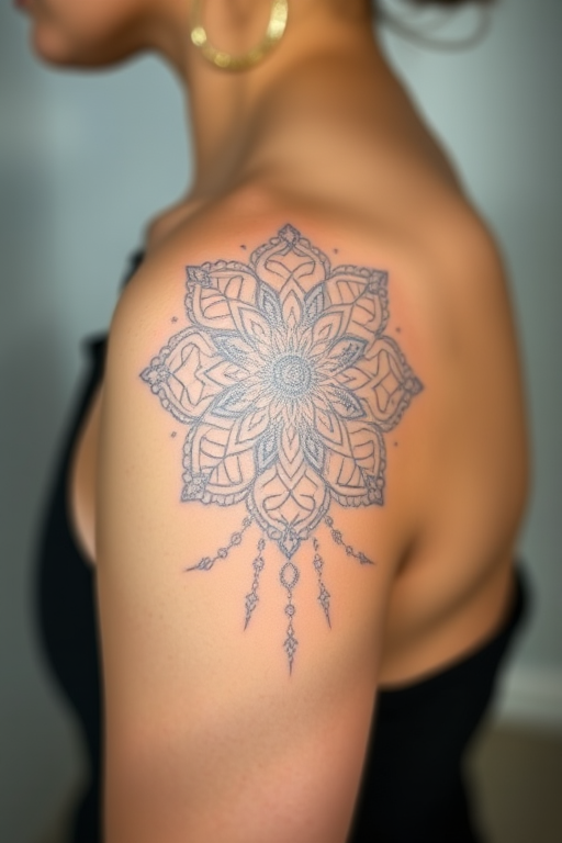 Delicate white ink mandala tattoo adorning the shoulder, incorporating lace-like patterns and intricate floral motifs, visible only in certain lighting for a subtle and elegant appearance