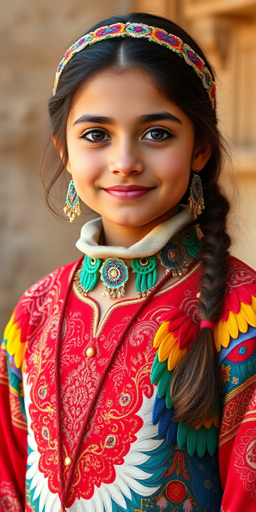 A beautiful Middle Eastern girl, wearing colorful bird clothing with vibrant colors
