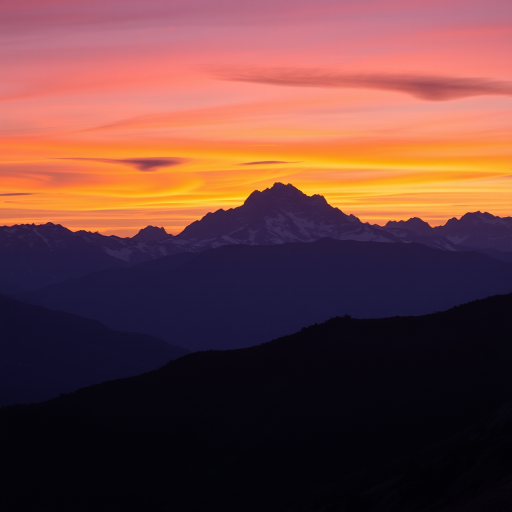 Create a high-resolution digital image of a mountain range at sunset with vibrant orange and purple skies, using a DSLR camera with a 24mm lens, aperture set to f/8 for depth of field, ISO 100 to minimize noise, capturing a wide-angle view in landscape orientation for enhanced detail and clarity.