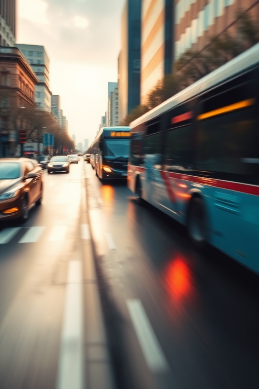 Blurry action shot of a city street at rush hour, cars and buses zooming by, with soft evening light reflecting off the wet pavement after a rainstorm.
