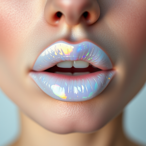 Pearlescent white woman lips with opal-like sheen, showcasing avant-garde and editorial makeup artistry