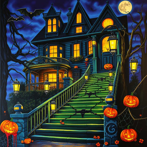 airbrushed oil painting, halloween theme, a haunted house, stairs, highly decorated, illuminated, lanterns, jack o'lantern, bats, webcobs