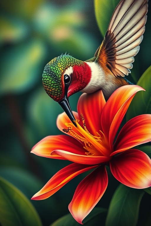 Realism color tattoo called "Nature's Palette" featuring a hyperrealistic close-up of a vibrant hummingbird feeding on a tropical flower with incredible detail and depth