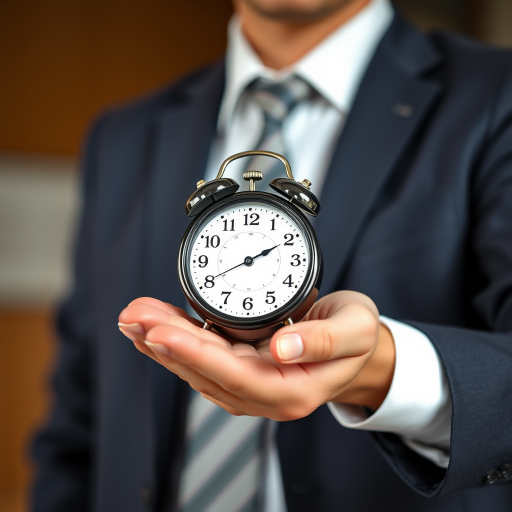 A person in business attire holding a classic round clock in their palm, with a shallow depth of field, f/2.8 aperture, ISO 100, 50mm lens, soft natural lighting, taken with a DSLR camera from a slightly elevated angle to create a professional look.
