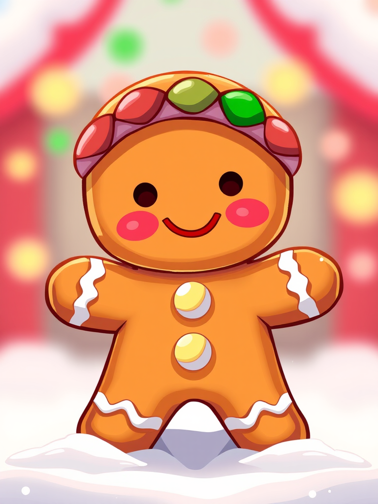 Create a colorful, cartoon-style illustration of a gingerbread man character, using a 50mm lens, f/1.8 aperture, ISO 100, 1/200 sec shutter speed, soft lighting, and a shallow depth of field for enhanced image quality.