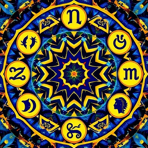Create a vibrant, high-resolution kaleidoscopic image featuring the twelve zodiac signs in circular icons surrounded by a blue and gold abstract background, using a DSLR camera with a 50mm lens, f/1.8 aperture, ISO 100, and a vibrant color profile.