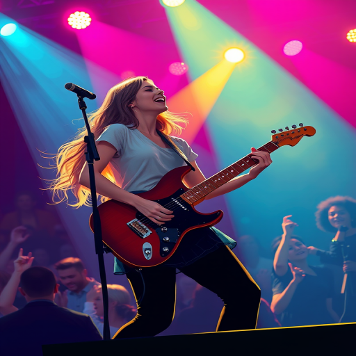 Create an illustration of a female musician passionately performing on stage with a guitar, surrounded by vibrant stage lights and an energetic crowd, using a Canon EOS R5, 50mm lens, f/1.8 aperture, ISO 800, with a cinematic style and a slightly low-angle view to capture the excitement of the performance.