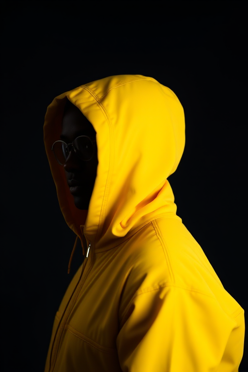 portrait of a faceless figure wearing a vibrant yellow hooded jacket, dramatic lighting, shallow depth of field, 50mm lens, f/1.8 aperture, ISO 200, studio setup with softbox lighting