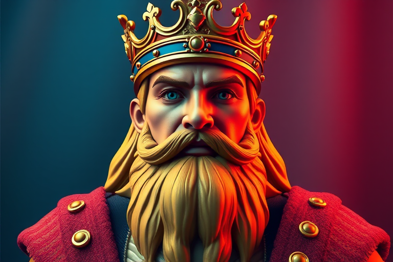 Generate a vibrant 3D illustration of a regal king with a crown and a prominent beard, using a Canon EOS 5D Mark IV with an 85mm f/1.8 lens, shooting from a front view at a shallow depth of field to enhance details and create a blurred background for focus.