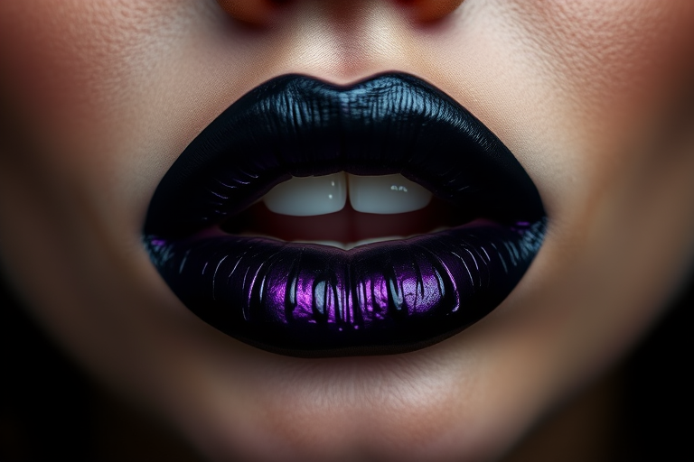 Dramatic black ombre lips fading into deep purple, metallic finish adding dimension and intrigue, unconventional yet mesmerizing in their artistic appeal