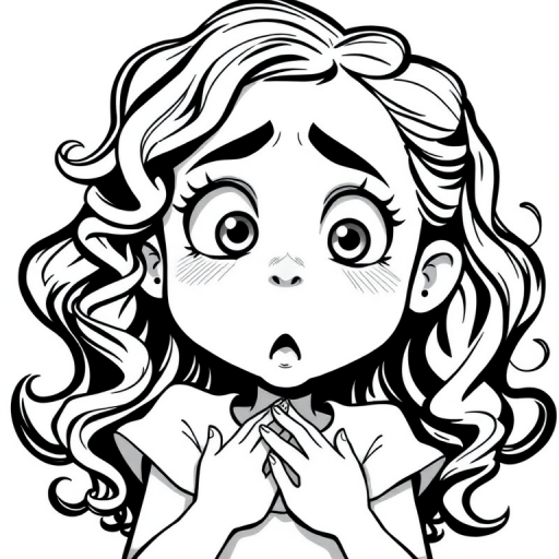 The image is a black and white illustration of a young girl with curly hair. She has a surprised expression on her face with her mouth open and her hands clasped together in front of her chest. Her eyes are wide and her eyebrows are furrowed. Her hair is styled in loose curls that are cascading down her back. The overall mood of the image is one of shock or surprise.