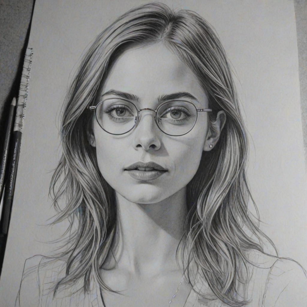 Magnificent Willa Holland, pencil sketch, portrait of Ravishing woman 1977s in glasses, hair style beatnik, outline, clear lines, fine lines, 8k