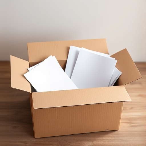 Create a high-resolution image of an open cardboard box filled with blank white papers, using a DSLR camera with a 50mm lens at f/2.8, ISO 100, and a shallow depth of field for a soft background blur, captured from a slightly elevated angle for dynamic perspective.