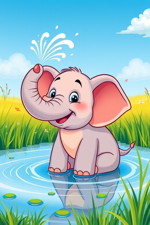 Create a colorful cartoon illustration of a happy elephant spraying water from its trunk while sitting in a pond surrounded by green grass and blue skies, capture with a DSLR camera at f/8 aperture, 50mm lens, natural lighting, and vibrant colors.