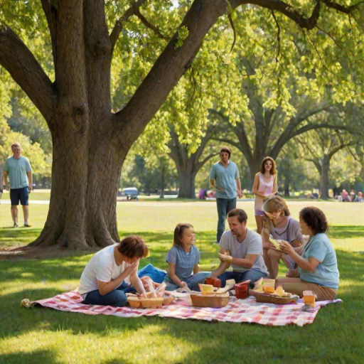 Family gathering at a picnic in the park, blankets spread out on the grass, children playing frisbee nearby, and adults enjoying sandwiches and laughter under the shade of a large oak tree.
