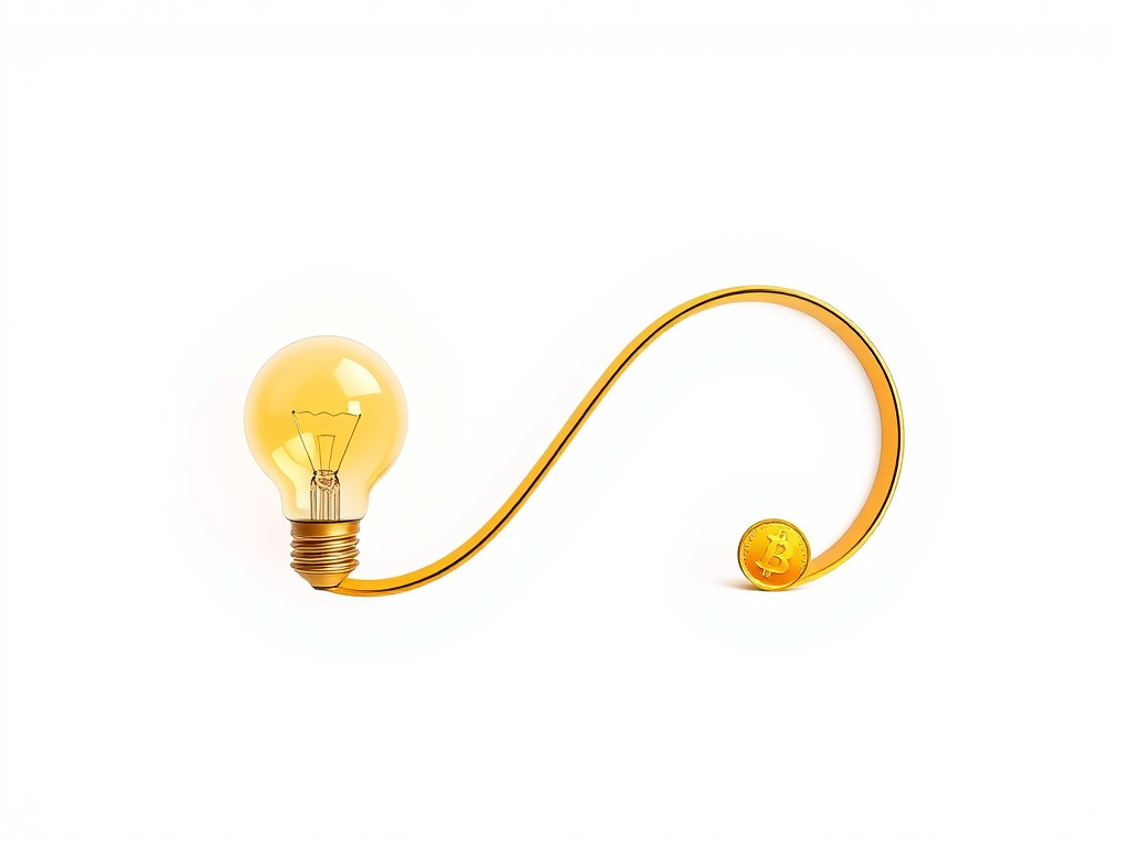 Create an illustration of an infinity loop in a modern design, featuring a light bulb on the left and a golden coin on the right, with a clean white background, using a Canon EOS R5 camera, ISO 100, aperture f/8, 50mm lens, and a shallow depth of field for enhanced clarity and color vibrancy.